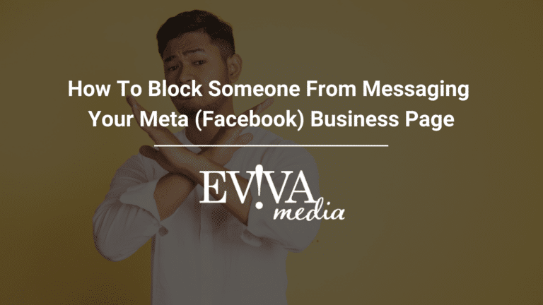 A person is making an "X" sign with their arms in the foreground against a yellow background with text about blocking someone from messaging a Meta (Facebook) Business Page.
