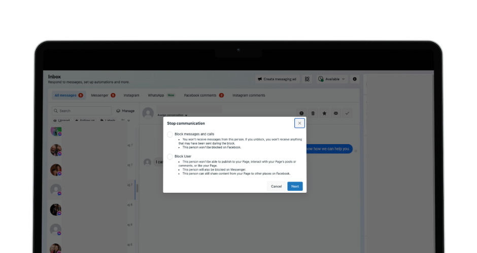 How to block a user from messaging your business page on Facebook on a computer