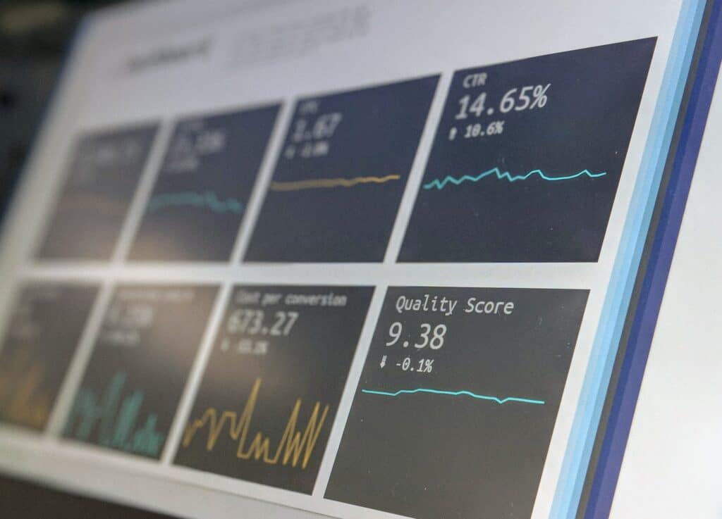 The image displays a blurred dashboard with graphs and metrics such as "CTR" and "Quality Score," suggesting a focus on performance data analysis or marketing.
