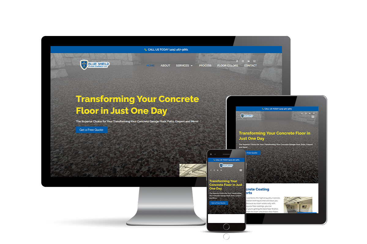 The image displays a responsive website design preview on a desktop monitor, tablet, and mobile phone, showcasing a concrete floor coating service.
