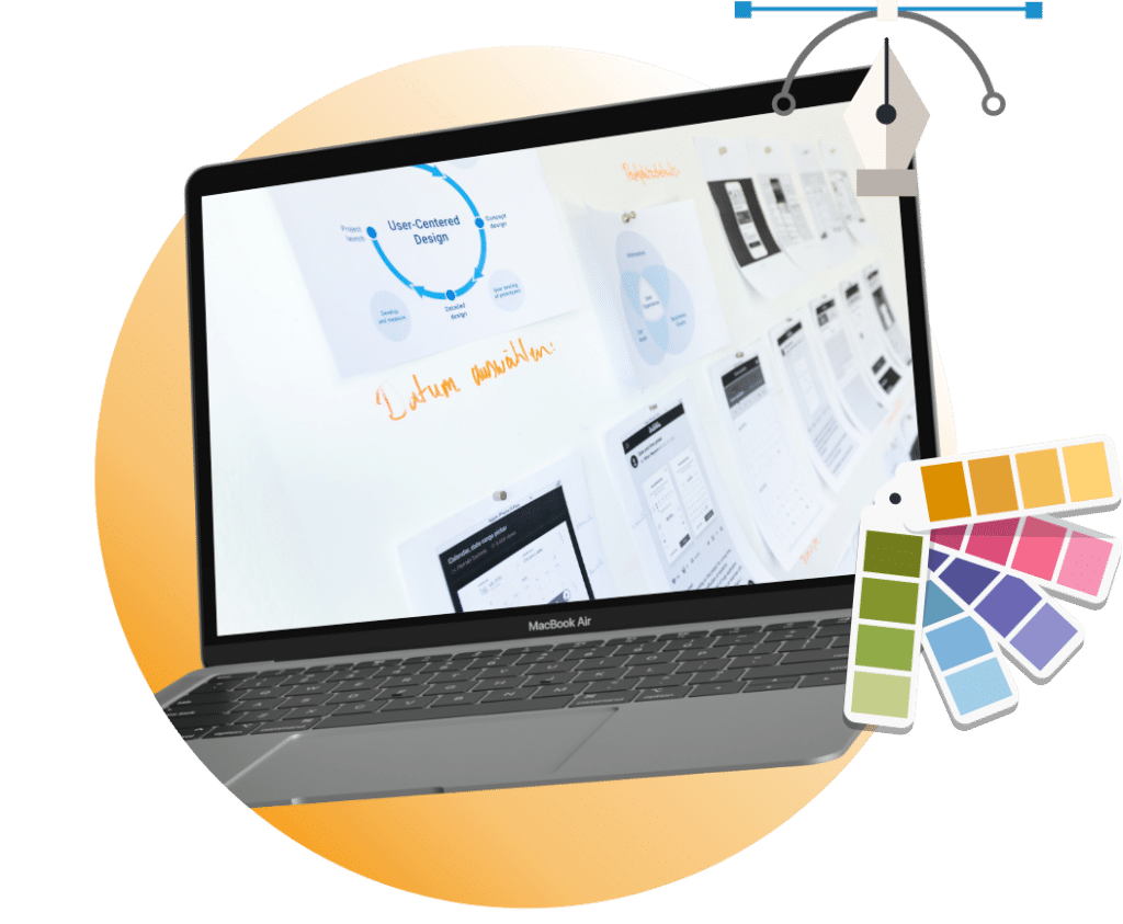 The image displays a laptop with a design-focused screen, color swatches nearby, suggesting a workspace focused on graphic design or user interface development.