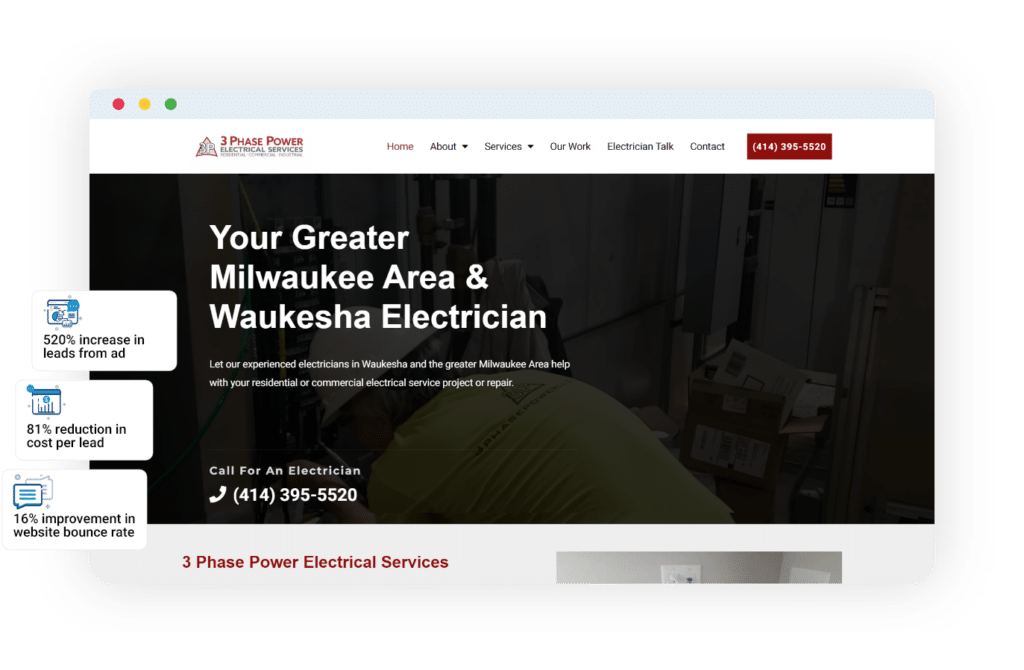 This is a screenshot of a website for 3 Phase Power Electrical Services, offering electrician services in the Milwaukee and Waukesha area.