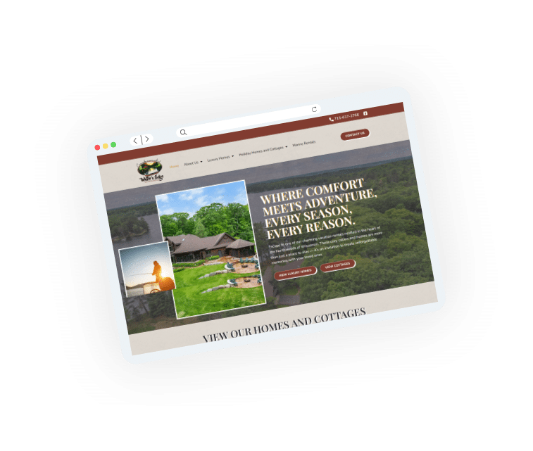 This is a 3D illustration of a tablet displaying a website for a resort, offering homes and cottages, highlighting comfort and adventure in every season.