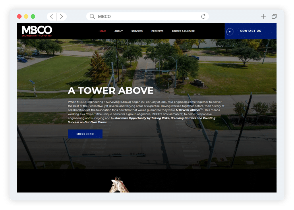 This image displays a webpage for MBCO Engineering + Surveying with a navigation menu, a large heading "A TOWER ABOVE," and an aerial view of a park.