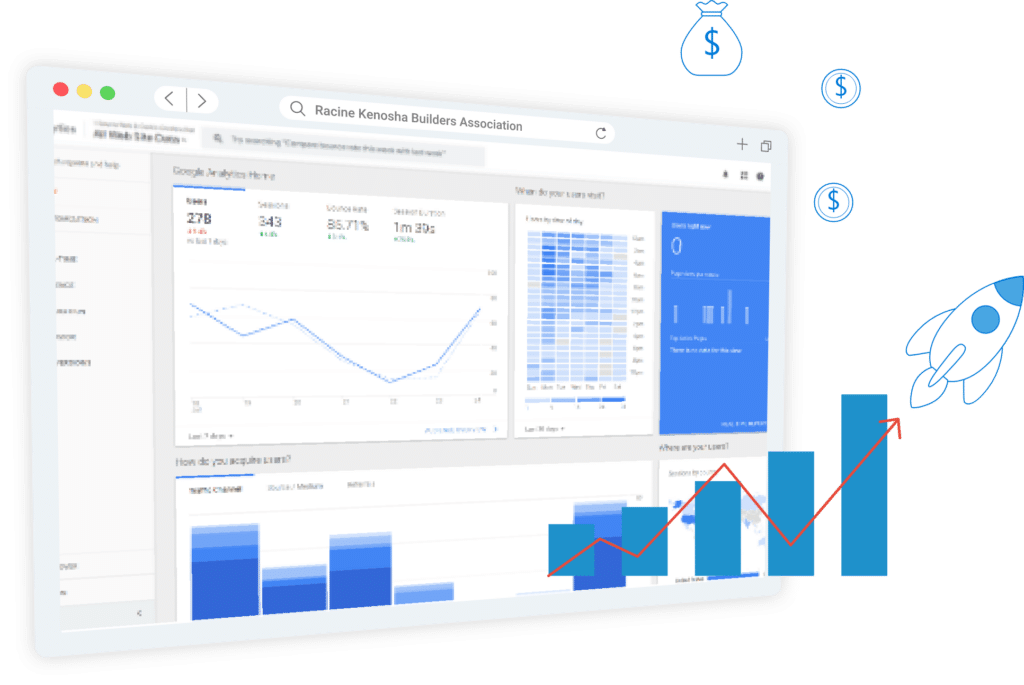 This image shows a stylized analytics dashboard with charts, graphs, and financial symbols like a rocket and dollar signs representing growth and revenue tracking.