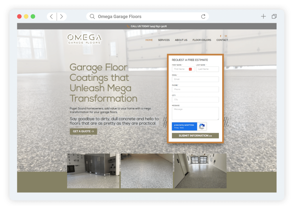The image shows a web page for 'Omega Garage Floors' with a pop-up form for requesting a free estimate and photos of coated garage floors.