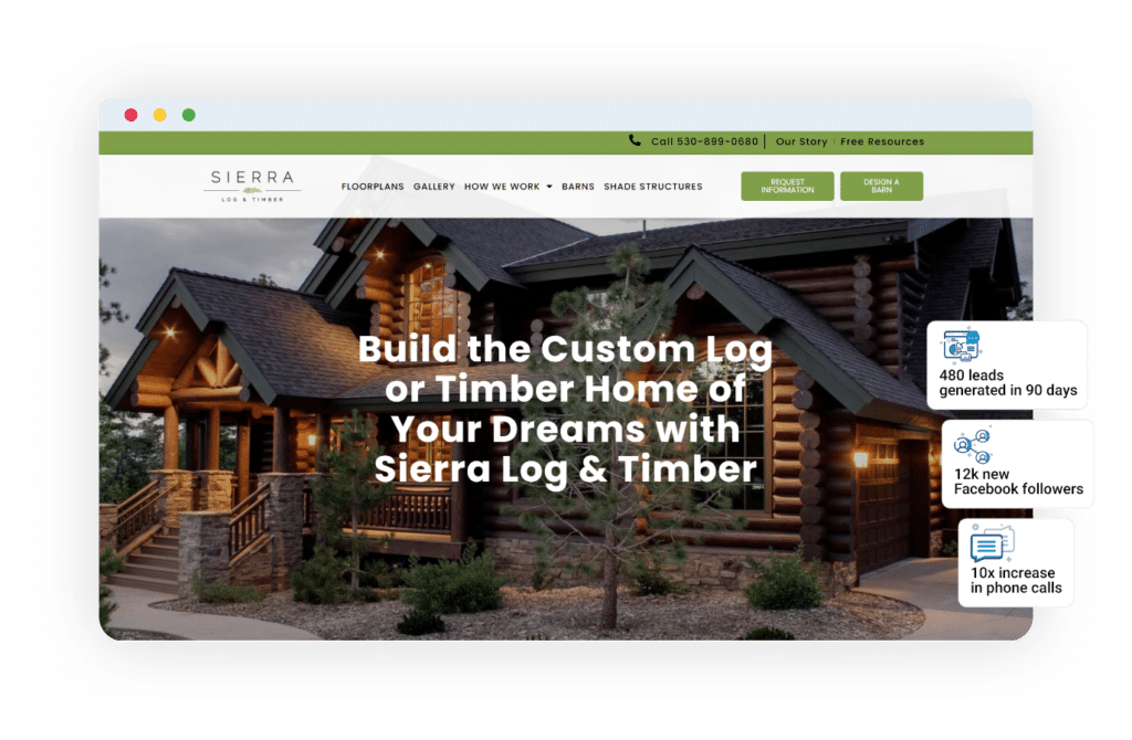 This image shows a screenshot of a webpage for Sierra Log & Timber, advertising custom log and timber homes, with a large photo of a log house.