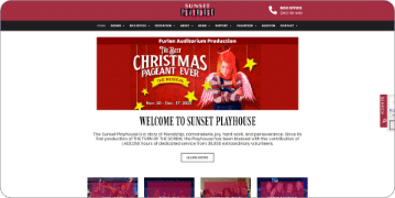 The image shows a theater website advertising "The Christmas Pageant Ever" with dates and a person wearing a Santa Claus costume on the banner.