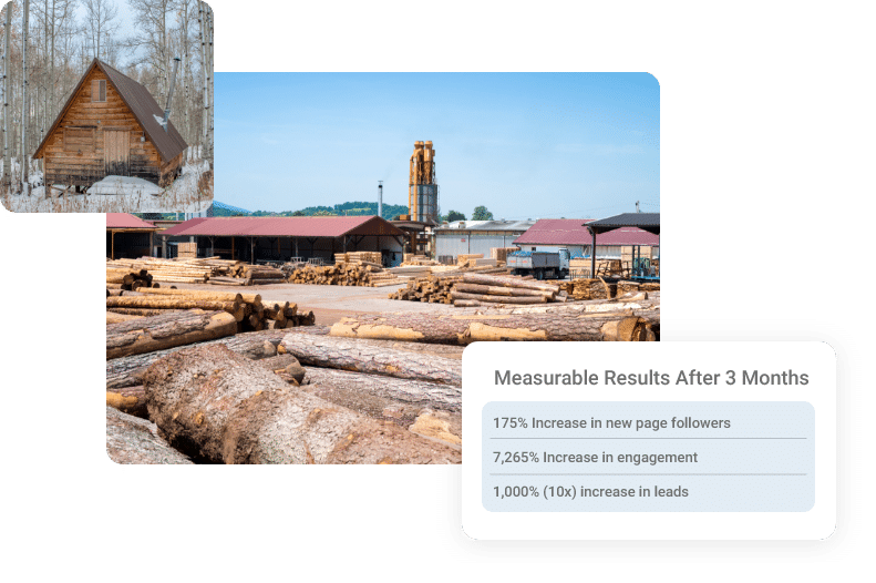 The image displays a lumber mill, numerous logs in the foreground, industrial structures in the background, and an inset displaying business metrics growth.