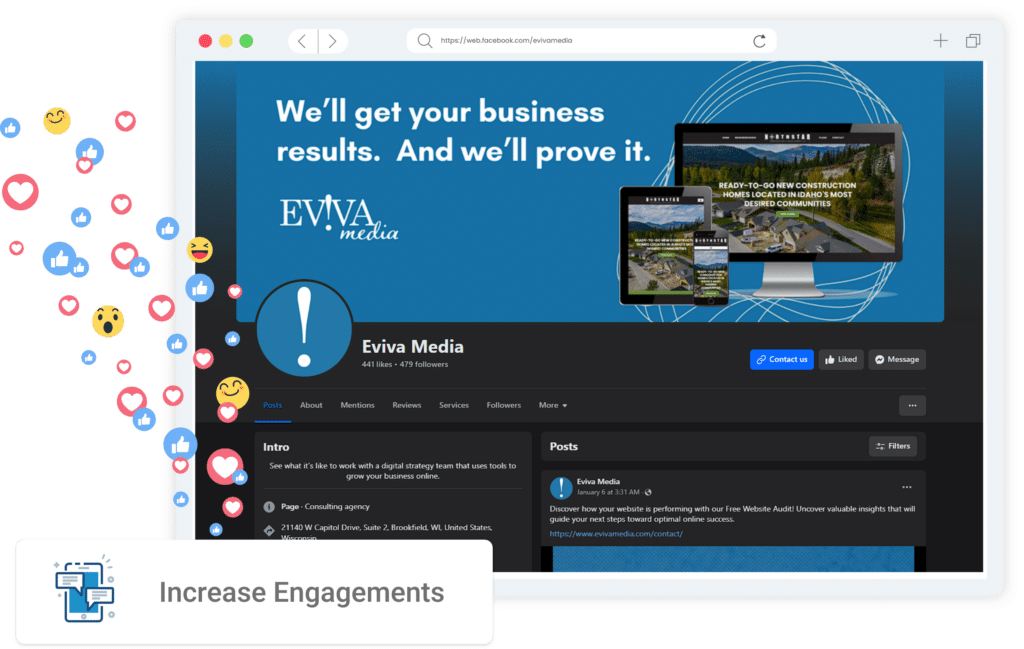 An illustration showing a computer screen displaying a social media page for "Eviva Media" surrounded by animated emoji reactions and engagement metrics.
