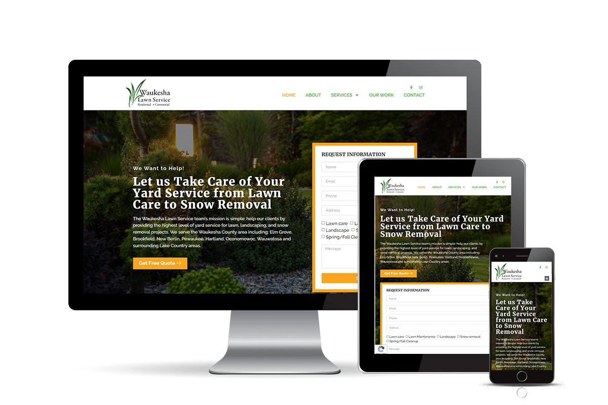The image shows a responsive website design preview for a lawn service company across different device screens: a desktop, a tablet, and a smartphone.