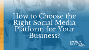 This image features the text "How to Choose the Right Social Media Platform for Your Business?" over a blue-tinted photo of people working at a table.