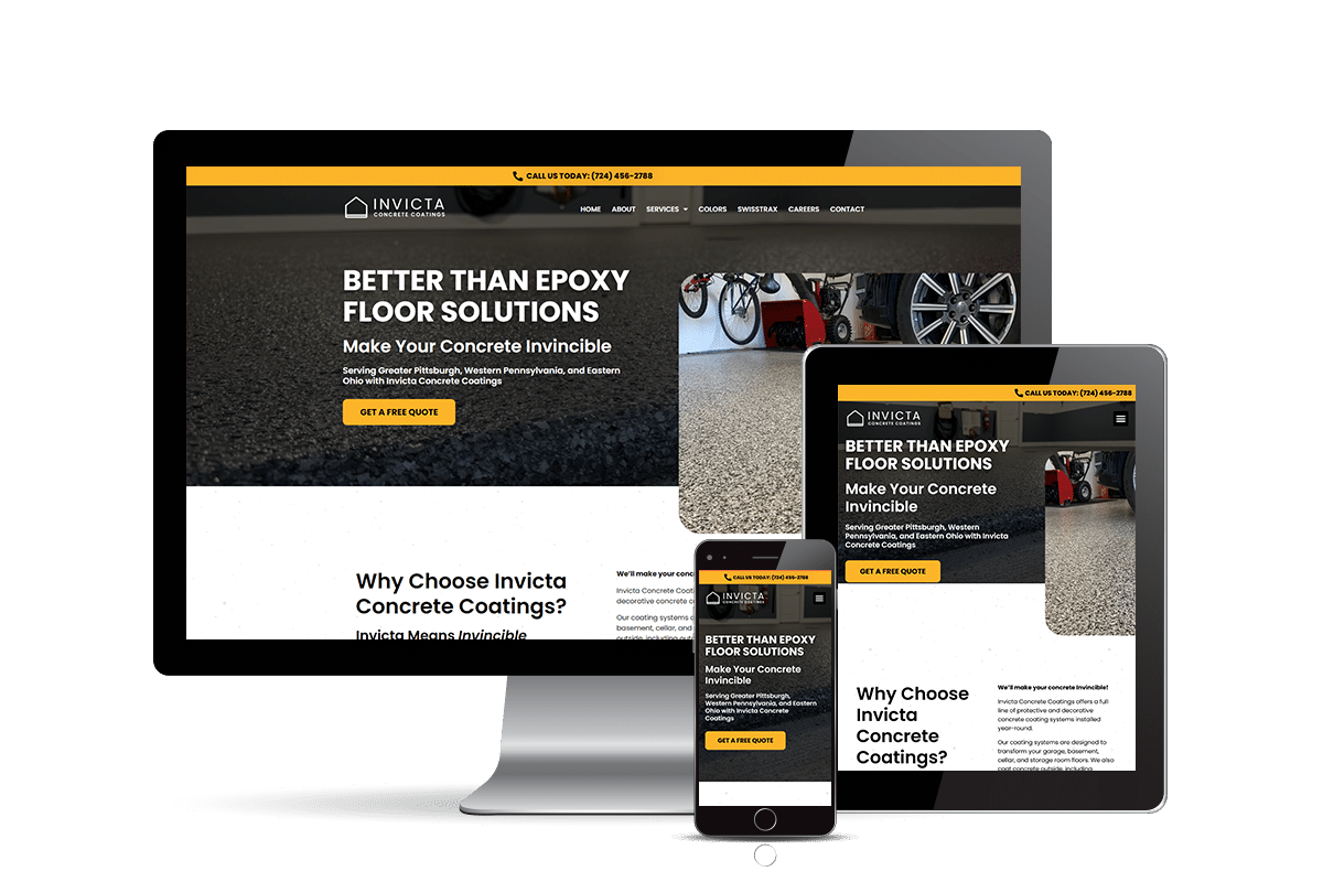 This image shows a multi-device display of a website for Invicta Concrete Coatings, advertising better than epoxy floor solutions, with a call to action for a free quote.