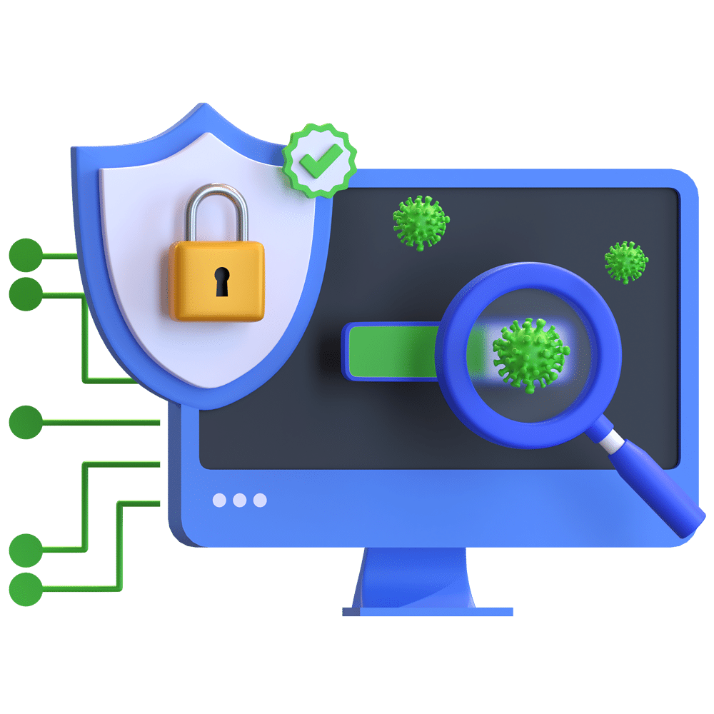 The image depicts a stylized digital shield with a lock, symbolizing cybersecurity, alongside a magnifying glass scanning for viruses on a computer screen.
